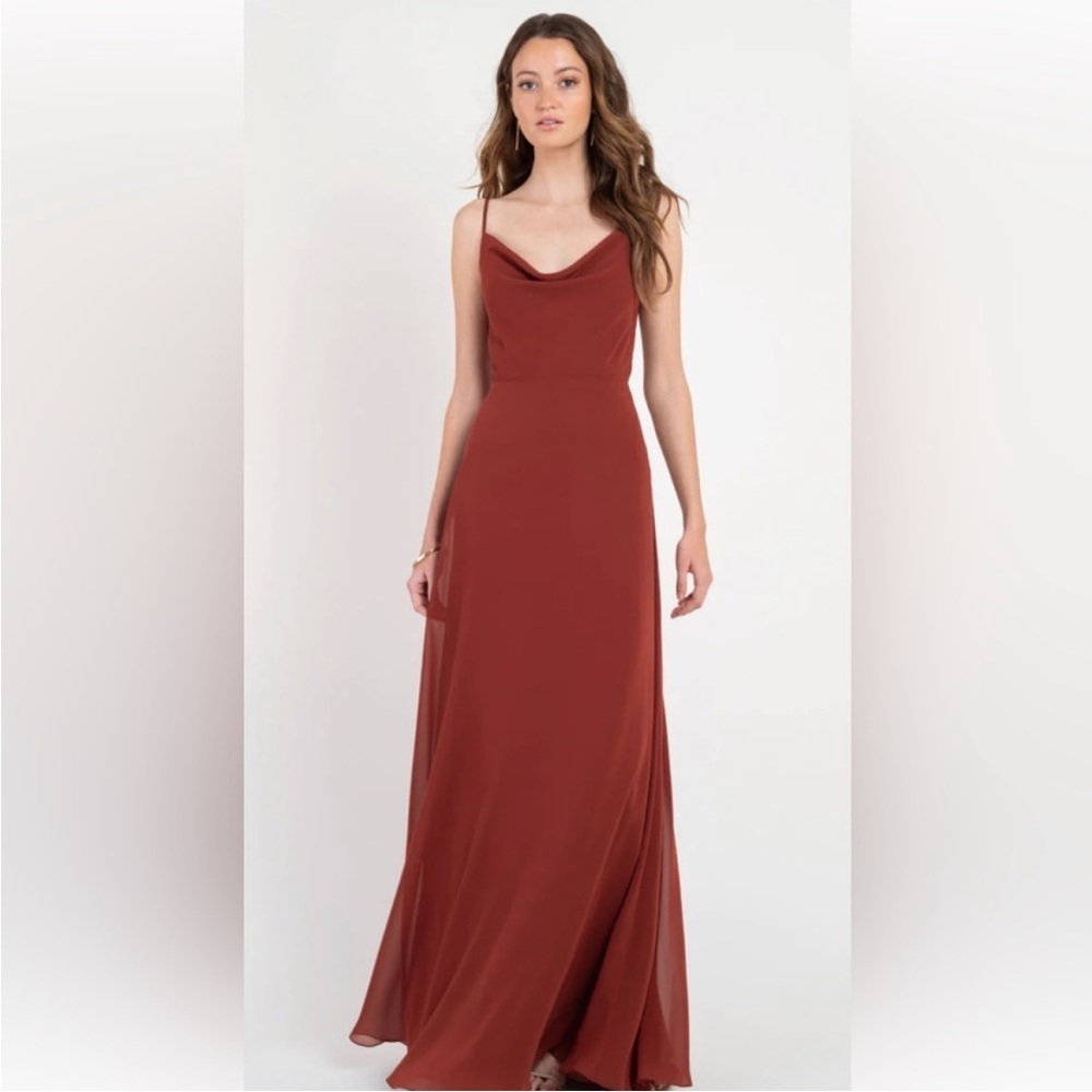 Jenny yoo Designer Colby gown Rust luxe chiffon drape neck sleeveless maxi